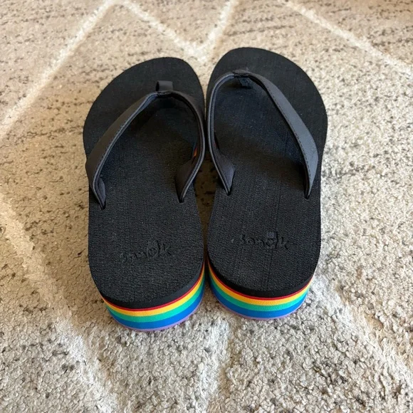 Sanuk Stacker Flatform Womens 8 Rainbow Flip Flop Black Sandals Summer Beach - Picture 4 of 6